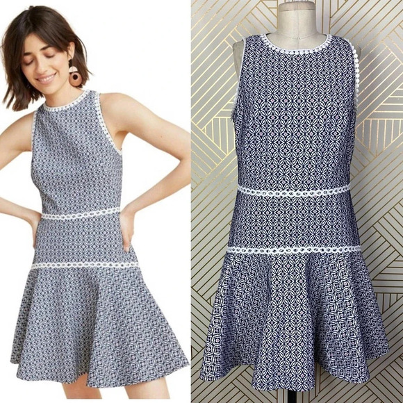 Anthropologie Dresses & Skirts - Anthropologie Monique Lhuillier Meagan Dress Geometric Navy‎ Blue White Size 12